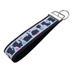 Kitten Keychain Wristlet Handmade Fabric Key FOB Sweet 16 Black Cats Yarn‎ Fish
